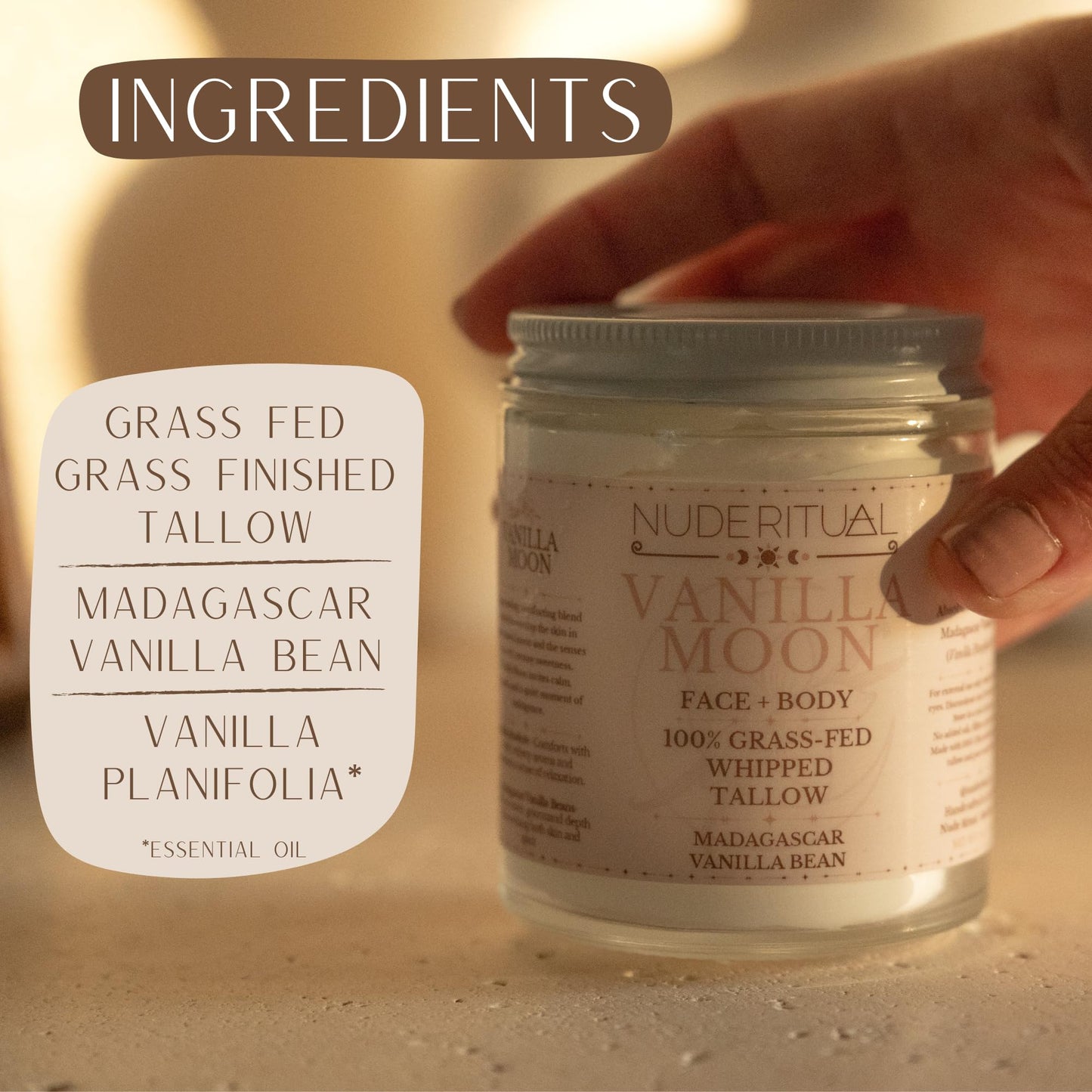 Nude Ritual 100% Grass-Fed Beef Tallow – Whipped Body Butter Moisturizer for Face & Body – USA Made Natural Lotion Alternative for Dry, Sensitive Skin – 4 oz (Vanilla Moon – Madagascar Vanilla)