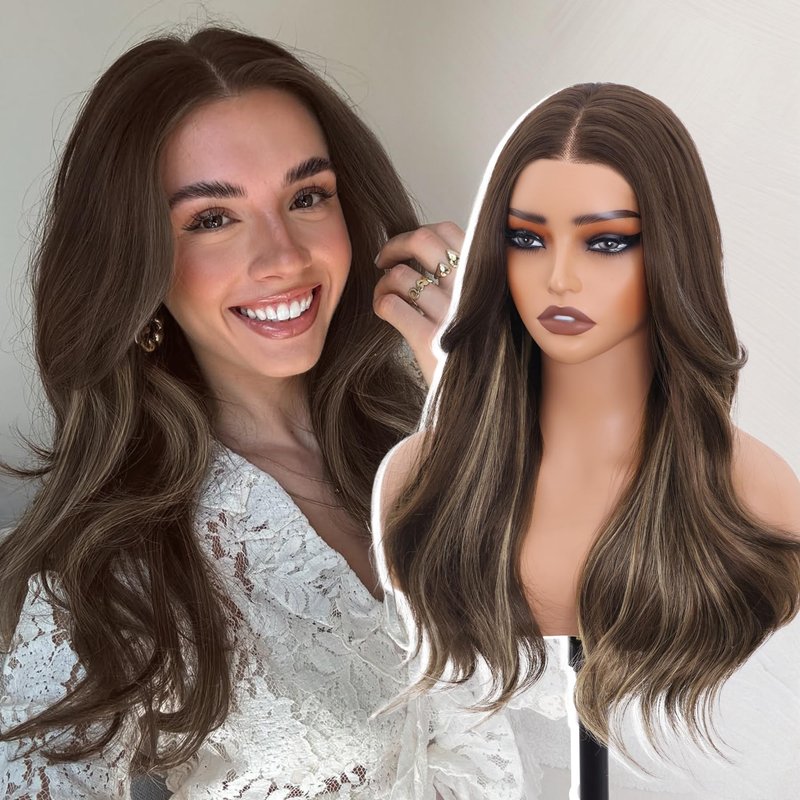 WECAN Brown Mixed Blonde Glueless Wigs Synthetic Lace Front Wigs 13x4 Pre Plucked Pre Cut Blonde Highlight Wavy Wig