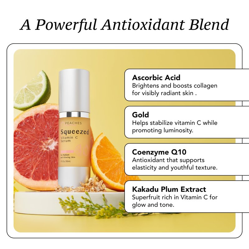 Peaches Skin Care Squeezed Vitamin C Serum with Kakadu Plum, Gold and CoQ10 – Lightweight Hydrating Formula for Radiant-Looking Complexion – Vegan Skincare for Women, 1 fl oz
