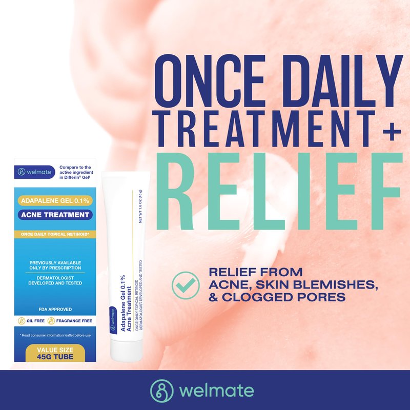 WELMATE Adapalene Gel 0.1% Acne Treatment, 2 Pack (180 Day Supply) - Topical Retinoid for Face, Helps Clear Blackheads & Pimples, Once Daily, Oil Free, Fragrance Free, 1.6 oz/Pack