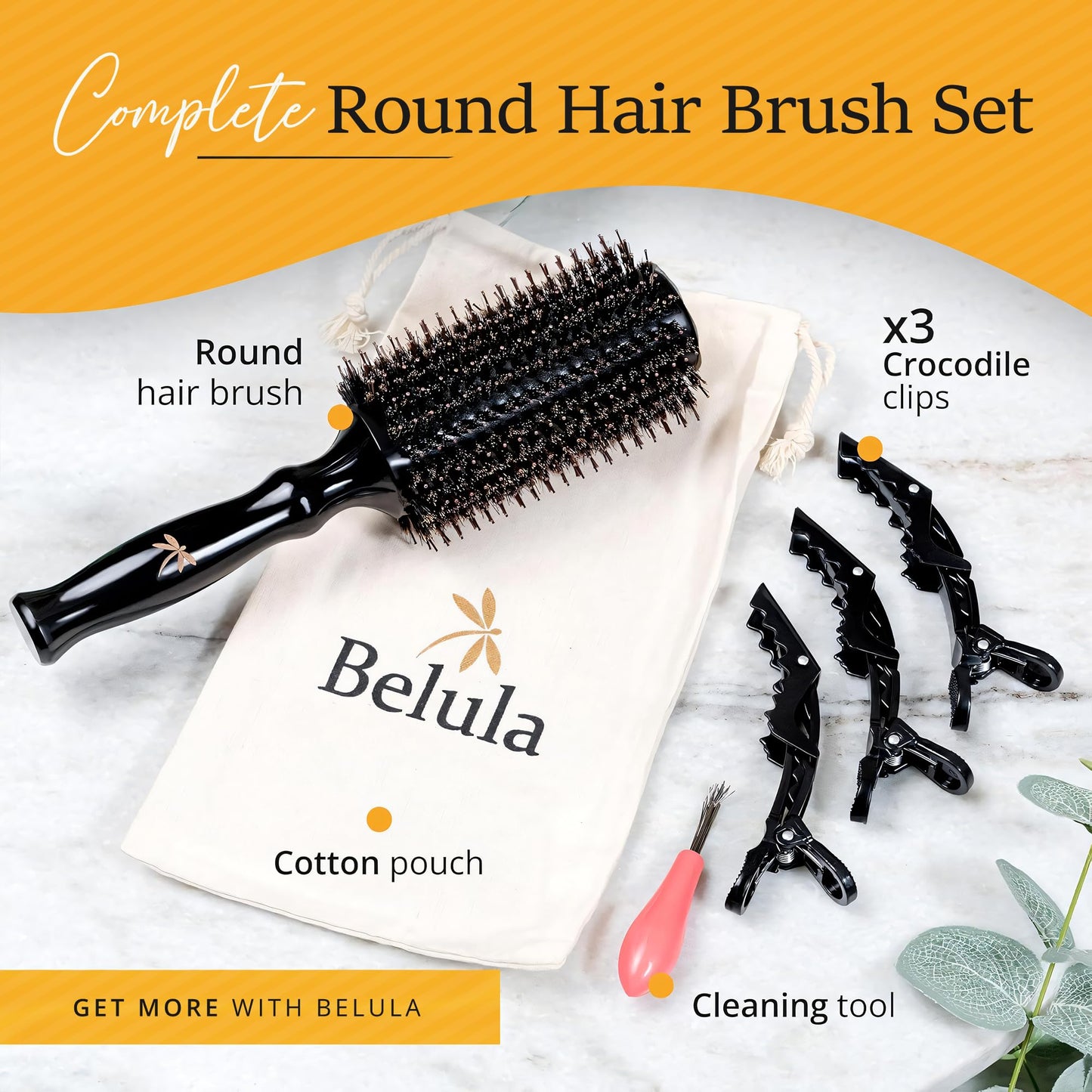 Boar Bristle Round Brush for Blow Out Set by Belula. Round Hair Brush For Blow Drying. Small 2” Wooden Barrel. Hairbrush Ideal to Add Volume and Body. Free 3 x Hair Clips & Travel Bag
