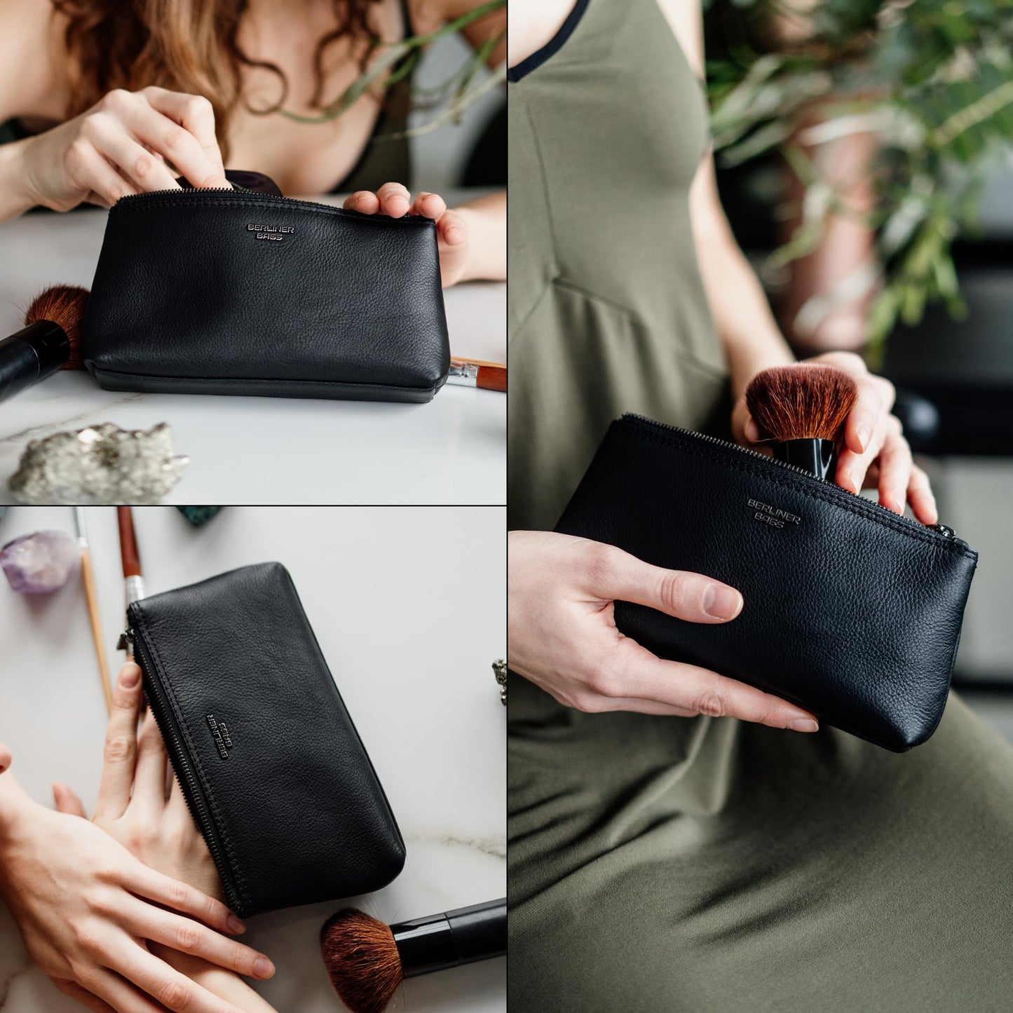 BERLINER BAGS Vintage Genuine Leather Makeup Bag Anna, Cosmetic Bag for Purse, Travel and Cosmetics Pouch with Zipper for Women - Brown