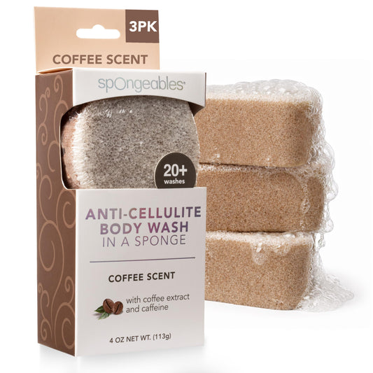 Spongeables Anti Cellulite Body Wash in a 20+ Wash Sponge, Coffee, 3 Count
