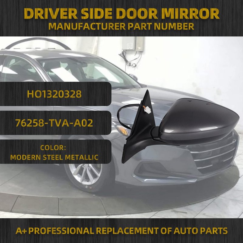 Dasbecan Left Driver Side Mirror Assembly Compatible with Honda Accord LX Sport 1.5T 2018-2025 Power | Non-Heated | Gray Repalces# HO1320328 76258-TVA-A02, Modern Steel Metallic-3Pins