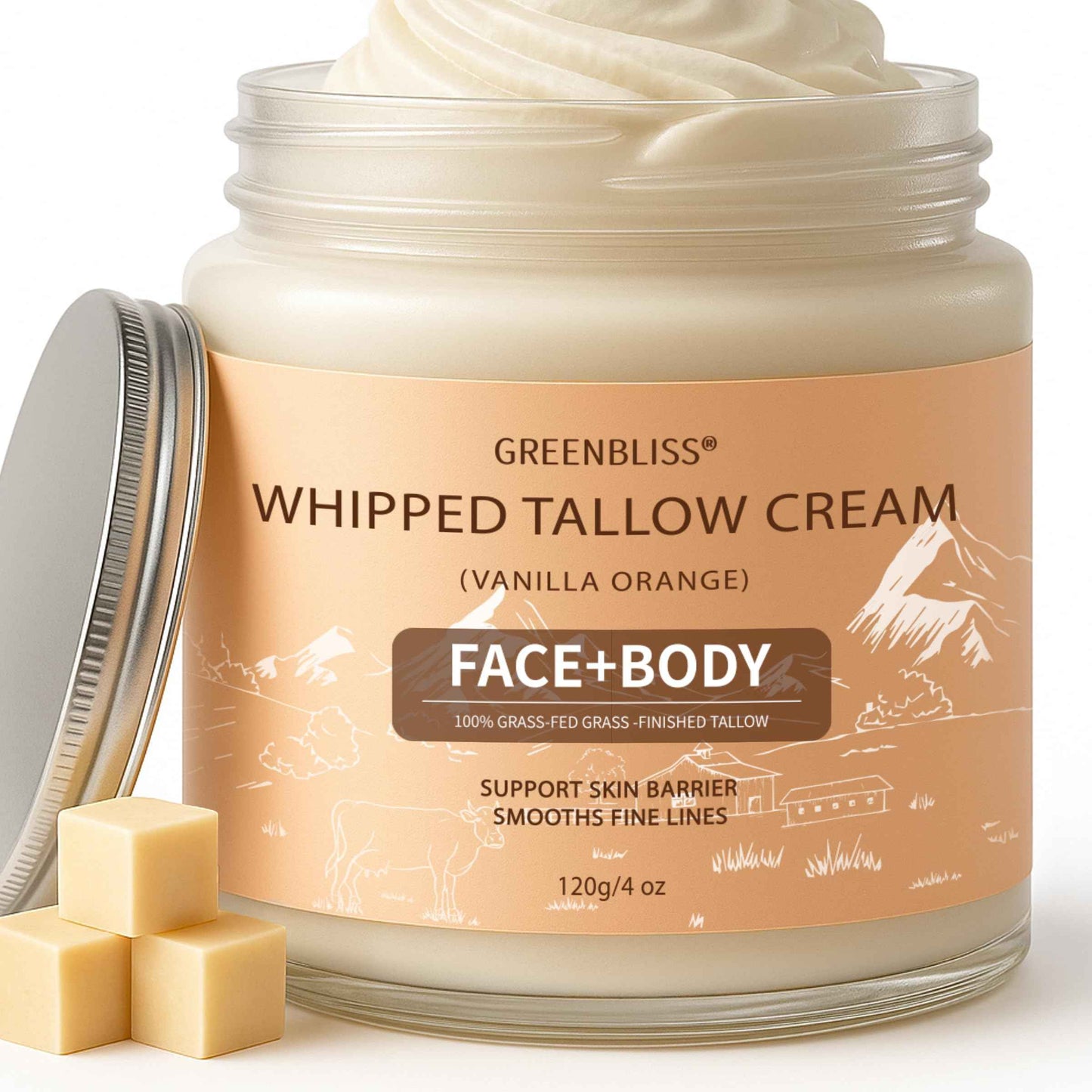 GreenBliss Beef Tallow for Skin Care 100% Organic Grass Fed tallow and honey balm - Face + Body, Whipped Moisturizer for Sensitive Skin, Natural Deep Hydration, Sensitive Skin Safe, 120G/4 FL. oz.