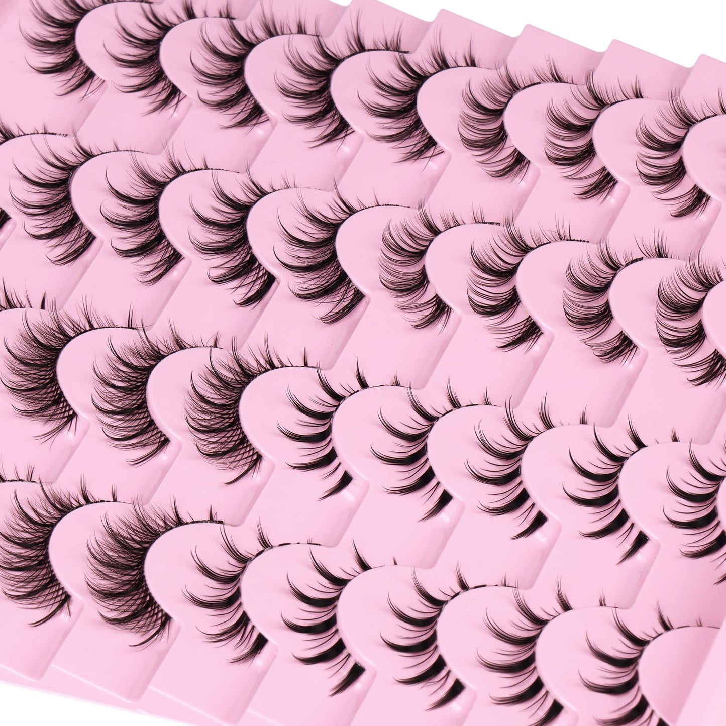 Manga Lashes Natural Look Anime False Eyelashes 20 Pairs Clear Band Individual Wispy Fake Eyelashes Strip Spiky DIY Cluster Lashes Extension C-curly Cat Eye Lashes Pack