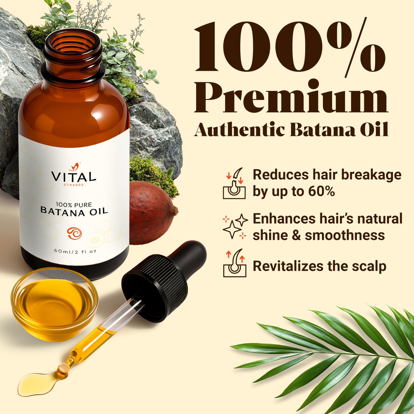 Vital Strands Batana Oil for Hair Growth – 100% Pure & Organic Botana Oil from Honduras – Strengthens, Thickens & Restores Natural Hair – Cold Pressed Raw Scalp & Hair Treatment for Men & Women – 60ml
