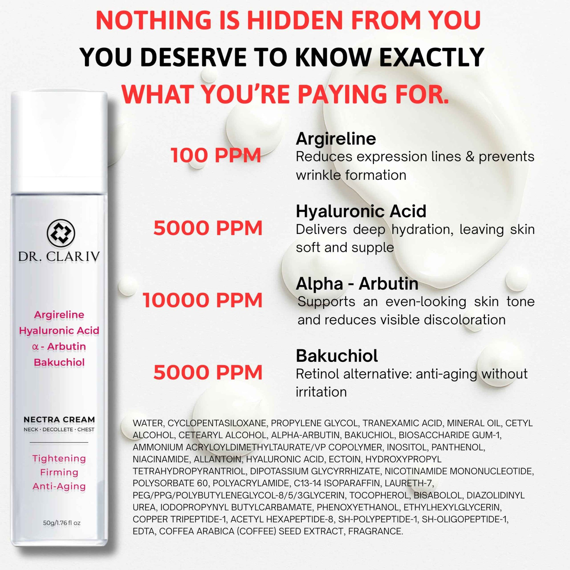 Neck Tightening Cream with Argireline AH-8, Bakuchiol, Hyaluronic Acid & Alpha Arbutin – Firming Moisturizer for Face, Neck & Décolleté – Anti-Wrinkle Cream for Women & Men – 1.76 Oz