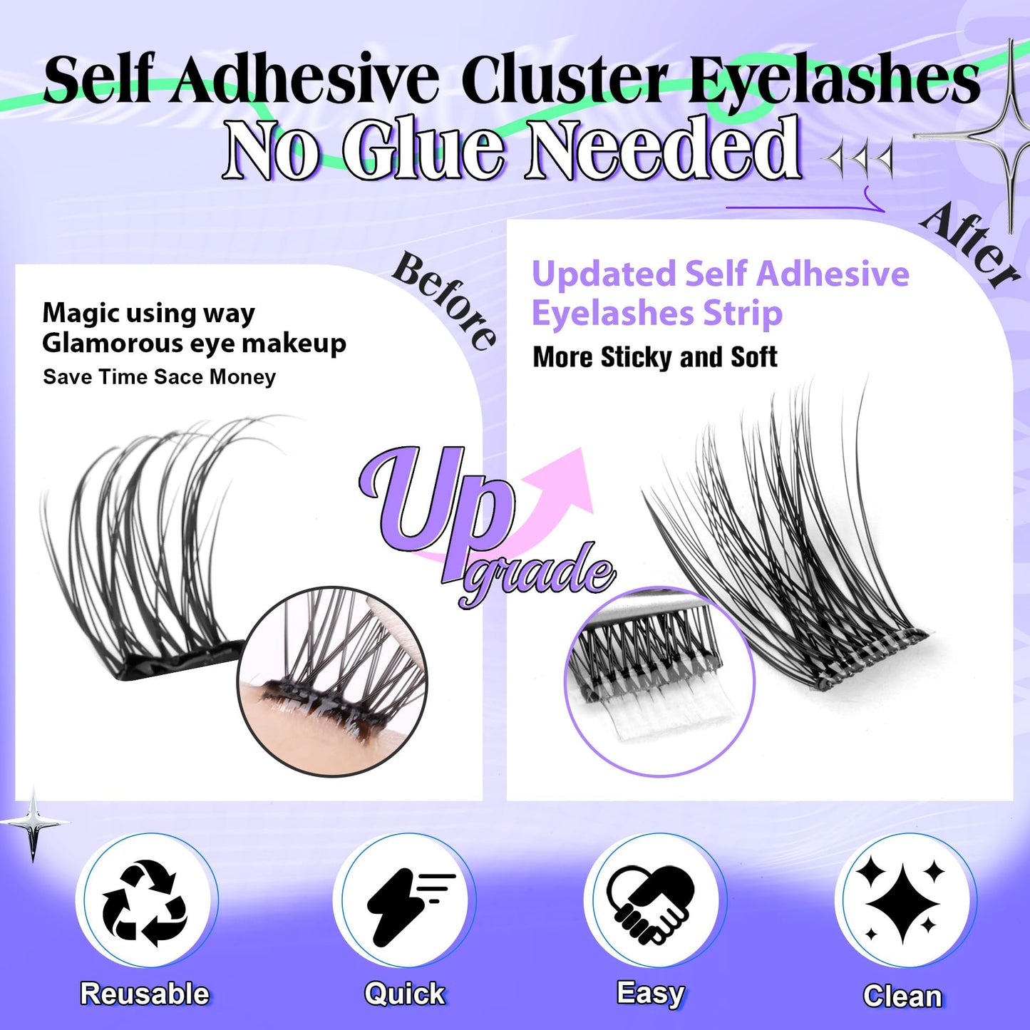 wiwoseo Self Adhesive Lashes Clear Band Lashes Clusters No Glue Needed Self Adhesive Lash Clusters Pre Glued Eyelash Clusters Press on Lashes Resuable Eyelash Extensions without Glue