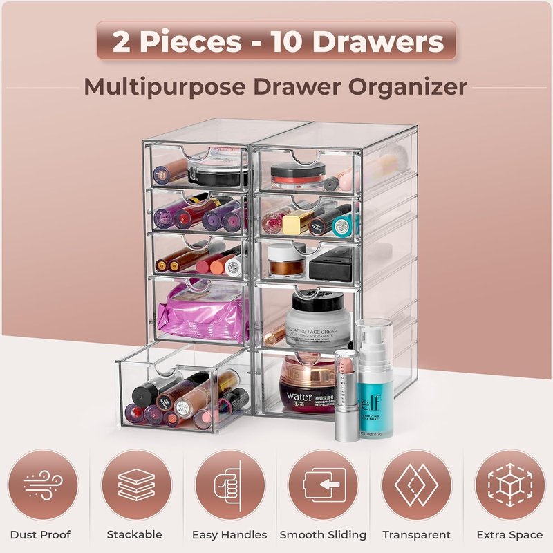 Makeup Organizer - 10-Drawer Acrylic Storage for Makeup, Office, Jewelry | 2 Clear Stackable Bins