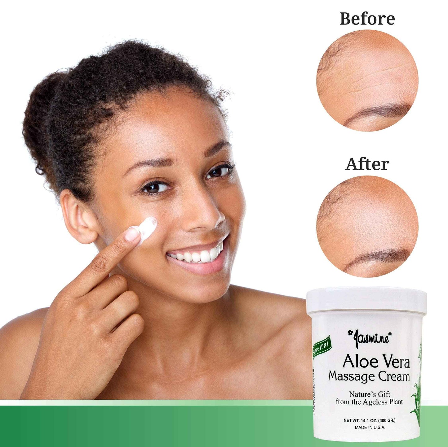 Jasmine Aloe Vera Massage Cream. Keep Your Face and Body Fresh and Soft with Anti-Aging Therapy Cream. Have Deeply Moisturized and Nutrition on Your Skin. Organic Aloe Vera Extract. [400 g / 14.1 Oz]