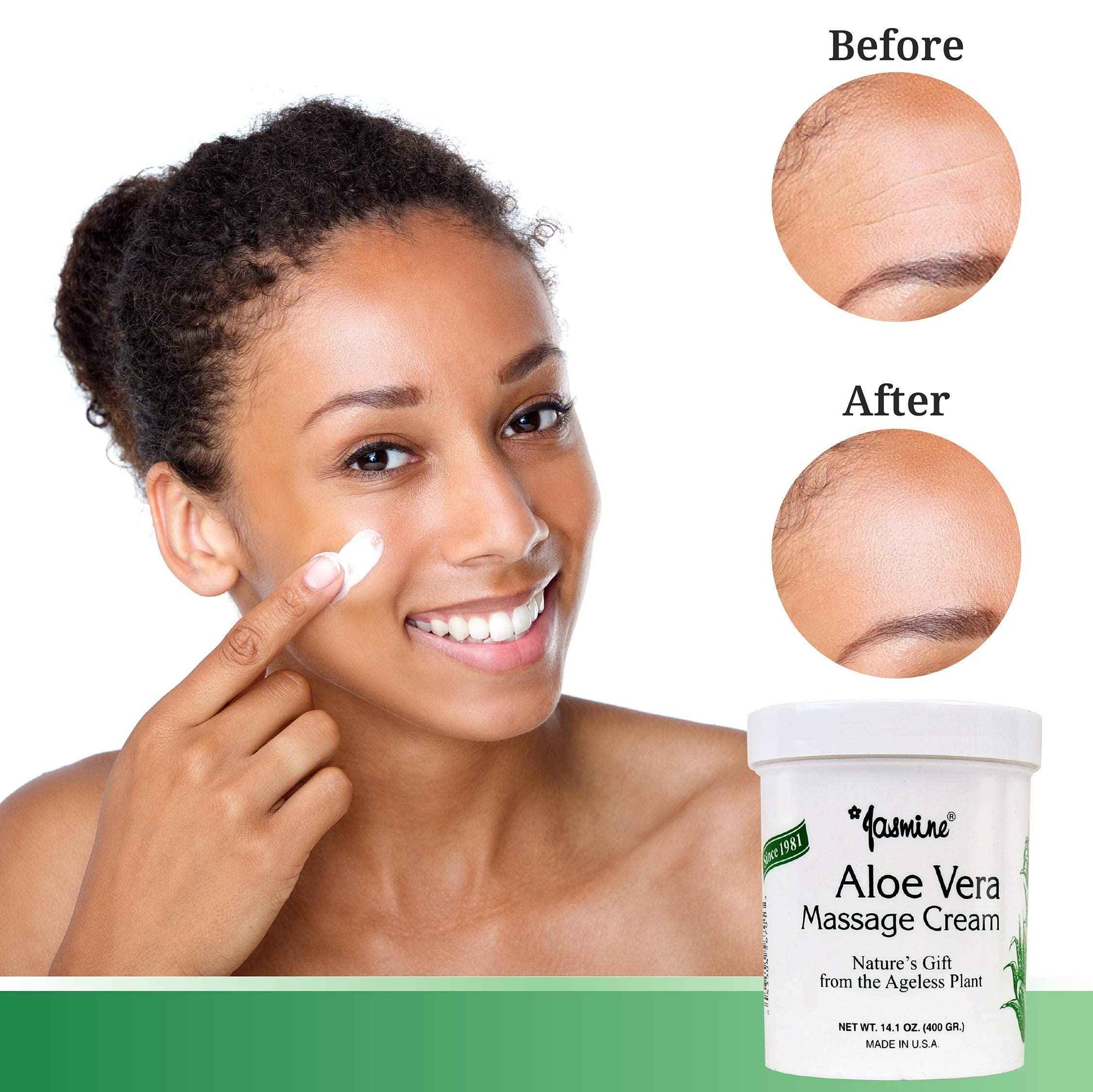 Jasmine Aloe Vera Massage Cream. Keep Your Face and Body Fresh and Soft with Anti-Aging Therapy Cream. Have Deeply Moisturized and Nutrition on Your Skin. Organic Aloe Vera Extract. [400 g / 14.1 Oz]