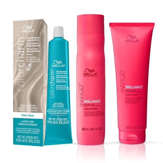 WELLA colorcharm Demi Permanent Hair Color, Clear Gloss + Wella Professionals Invigo Brilliance Color Protection Shampoo & Conditioner, For Fine Hair