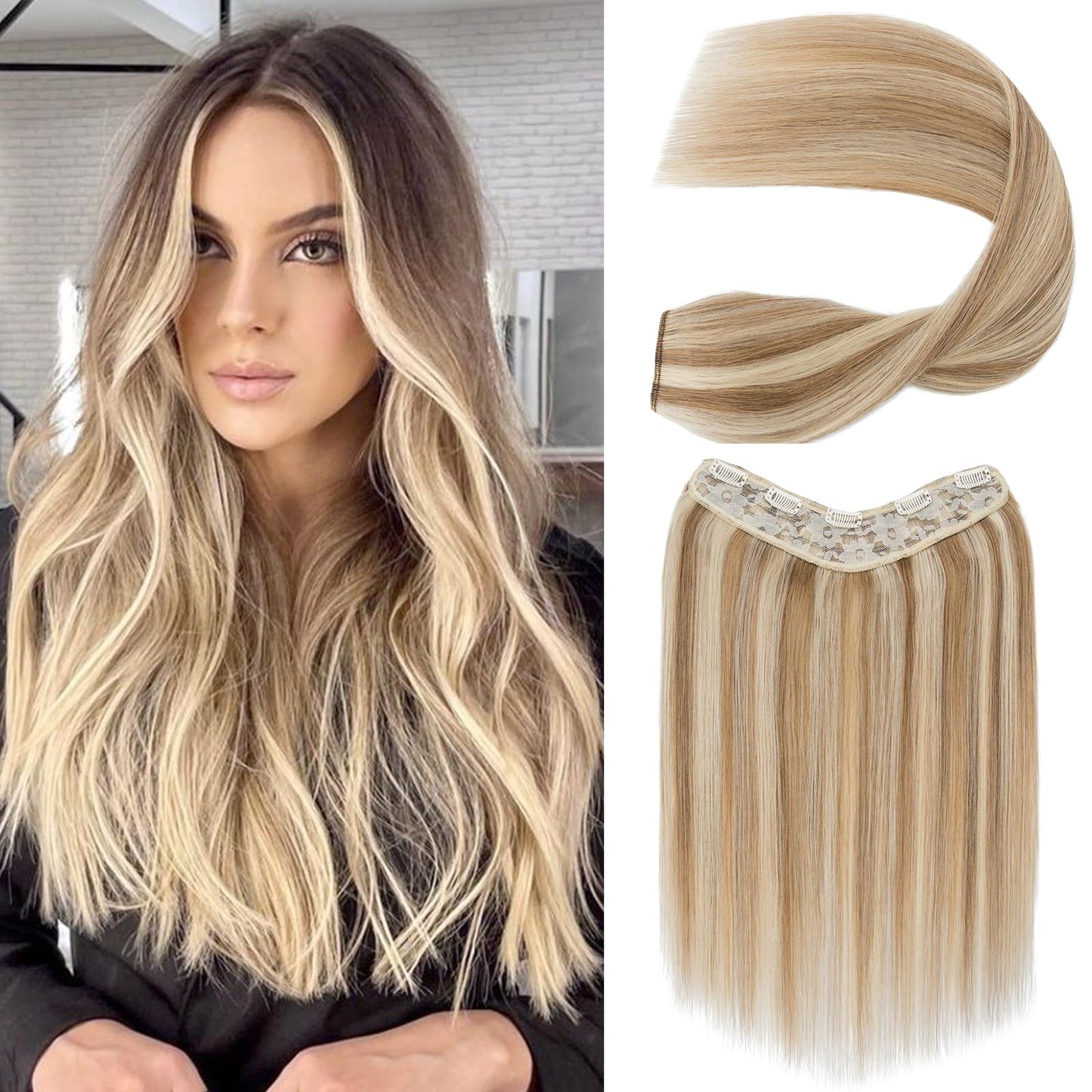 S-noilite One Piece Clip-in Hair Extensions Human Hair Balayage 5 Clips 3/4 Full Head V Part Weft Thicker Hair Lace Net One Piece Hair Extensions (14"-50g, #Golden Brown/Bleach Blonde)