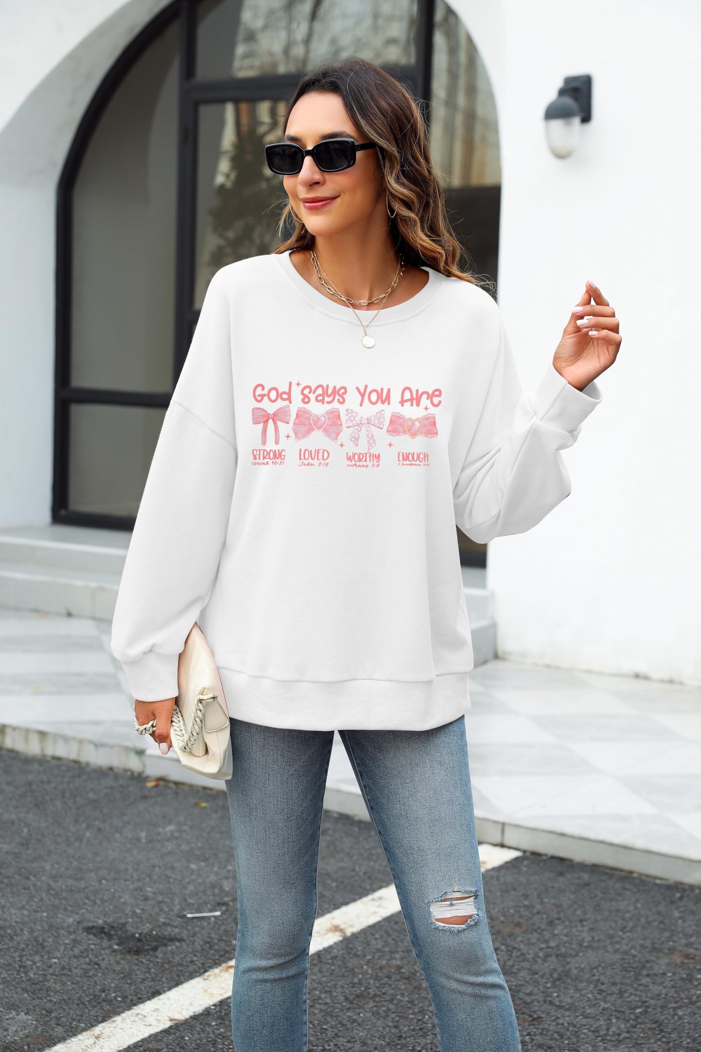 Christian Sweatshirts Women God Says You Are Shirt Cute Pink Bow Shirts Long Sleeve Blessed Saying Tops