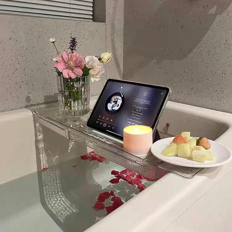 Expandable Bath Tray with Wine & Book Holder - Clear Acrylic Bathtub Caddy | Perfect Gift for Women