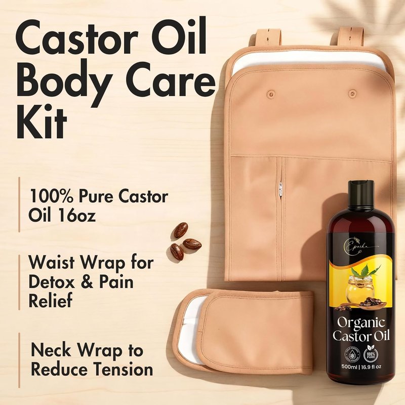 Organic Cold Pressed Castor Oil Pack Wrap Set - Reusable Cotton Neck & Stomach Wraps | Adjustable Straps for Relaxation & Detox 16oz