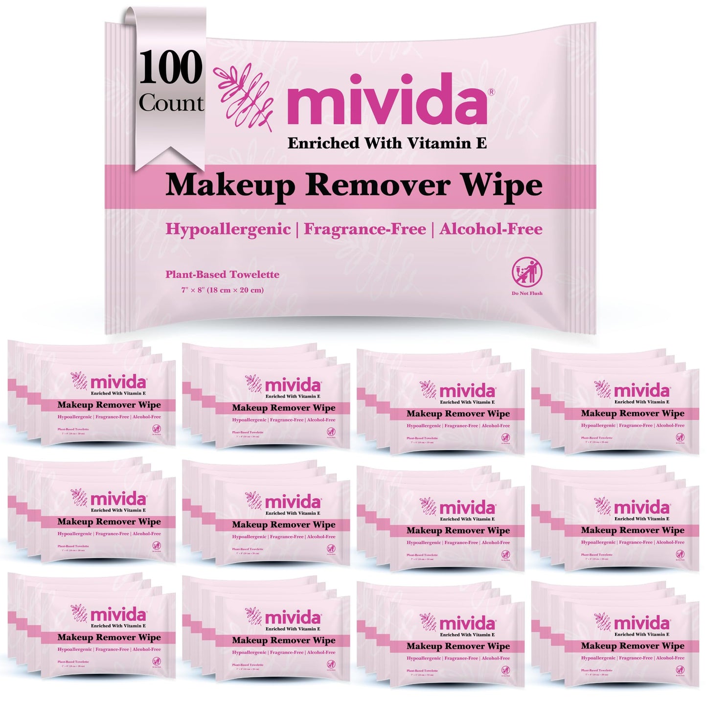 mivida100 Count Hypoallergenic Makeup Remover Wipes Individually Wrapped with Vitamin E | Dermatologist Tested Alcohol-Free, Fragrance-Free face wipes Individully Wrapped
