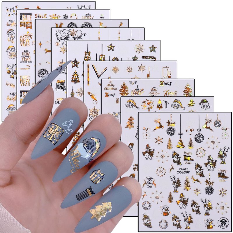 Gold Christmas Nail Art Stickers Decals, Holographic White Snowflake Nail Adhesive Sticker, Xmas Tree Snowflake Snowman Elk Santa Claus Nail Art Decal for Women Girls Manicure Holiday Decorations