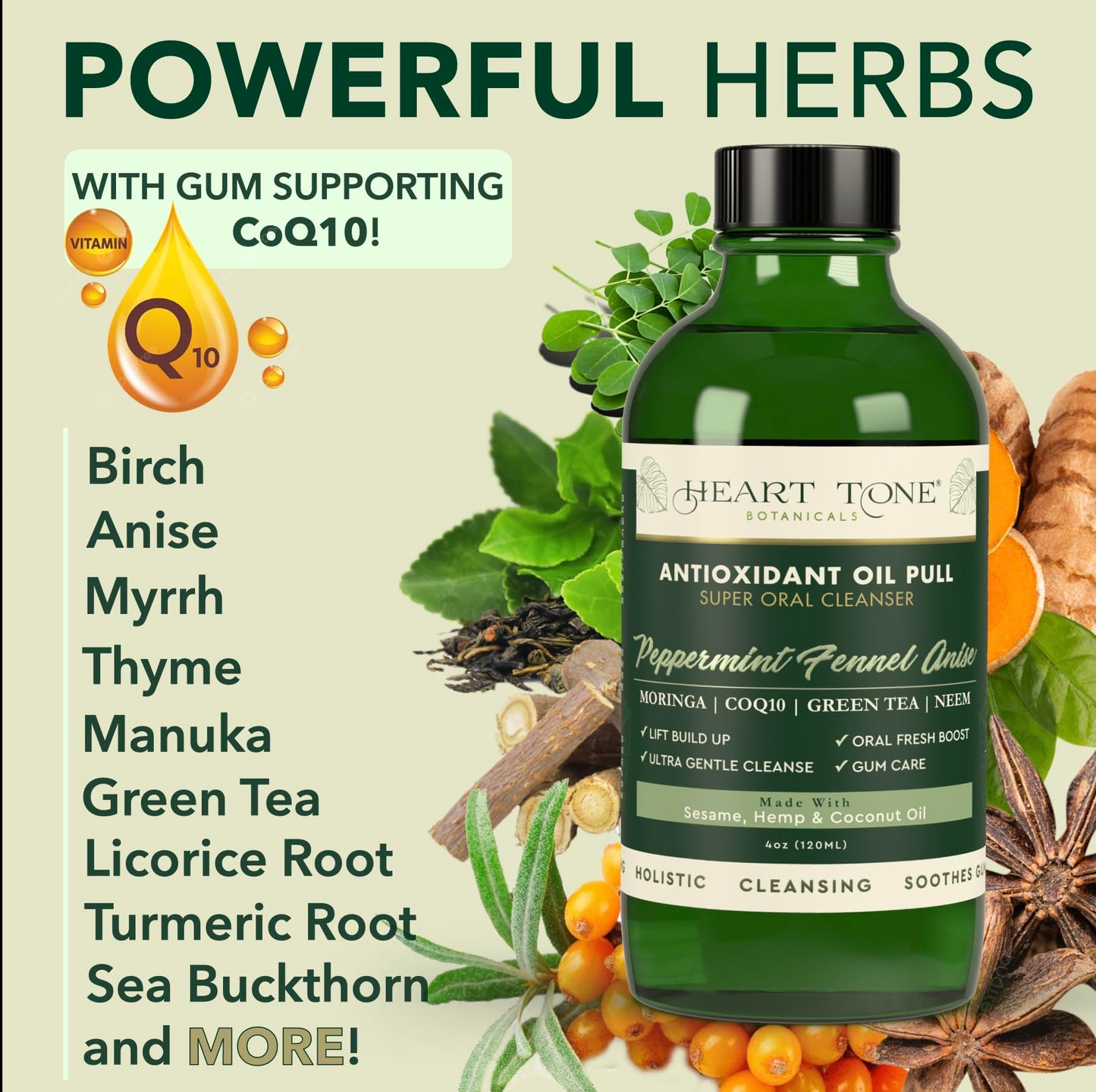 Heart Tone Botanicals Oil Pulling Oral Conditioner | Cold Pressed Sesame Neem Moringa Coconut Oil | 18 Botanical Extracts CoQ10 | Fluoride Free | Anise