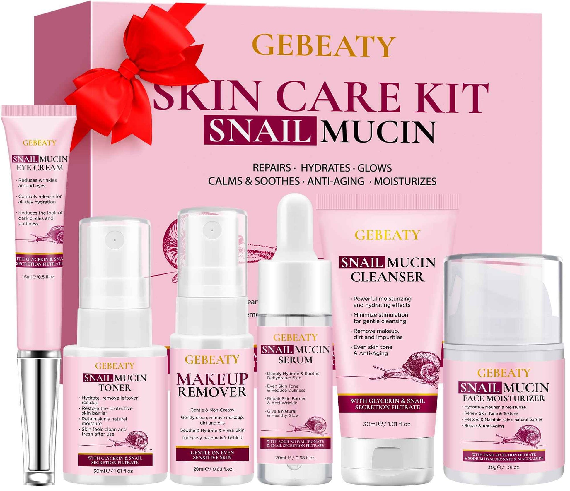 Skin Care Set,6 Pcs Korean Snail Mucin Essence Anti-aging Moisturize Repair Soothe Hydrate,Glass Skincare Kit for Dull & Dry Skin,Skincare Gift Set Teens Stocking Stuffers Christmas Gifts for Women