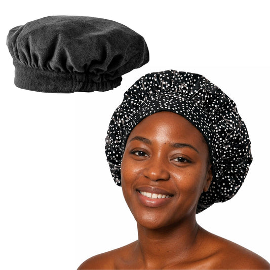 TIARA Reversible, Reusable, Waterproof Shower Cap – Large Shower Cap for Long. Short, Braided, or Thick Hair, Reversible Deep Conditioning Hair Cap, Soft Terry Lined, Machine Washable (Black Dots)