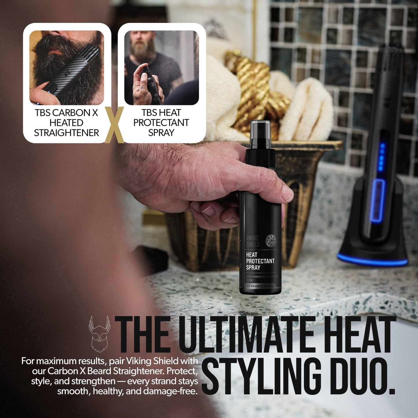 Beard & Hair Heat Protectant Spray - Viking Shield Beard Spray for Men, Protects Hair from Heat Damage of Straightener and Styling - Argan Oil Thermal Protector Spray - Protect Up To 450º F - 4 Fl Oz