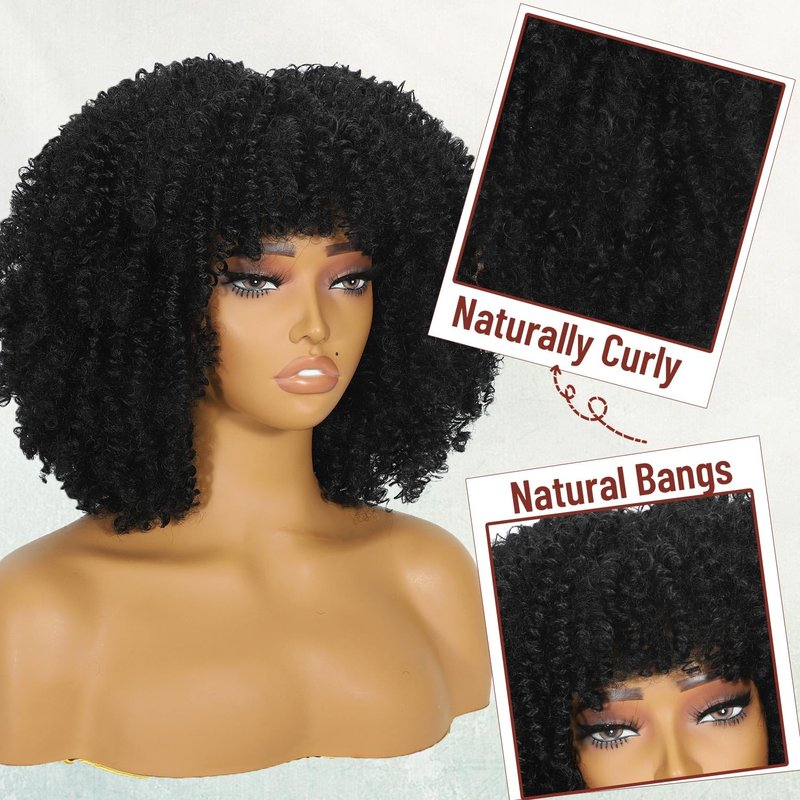 onyxrose Curly Afro Wig with Bangs Kinky Curly Wigs for Black Women Synthetic Wig with Bangs for Black Women for Daily Party（Ombre Purple）