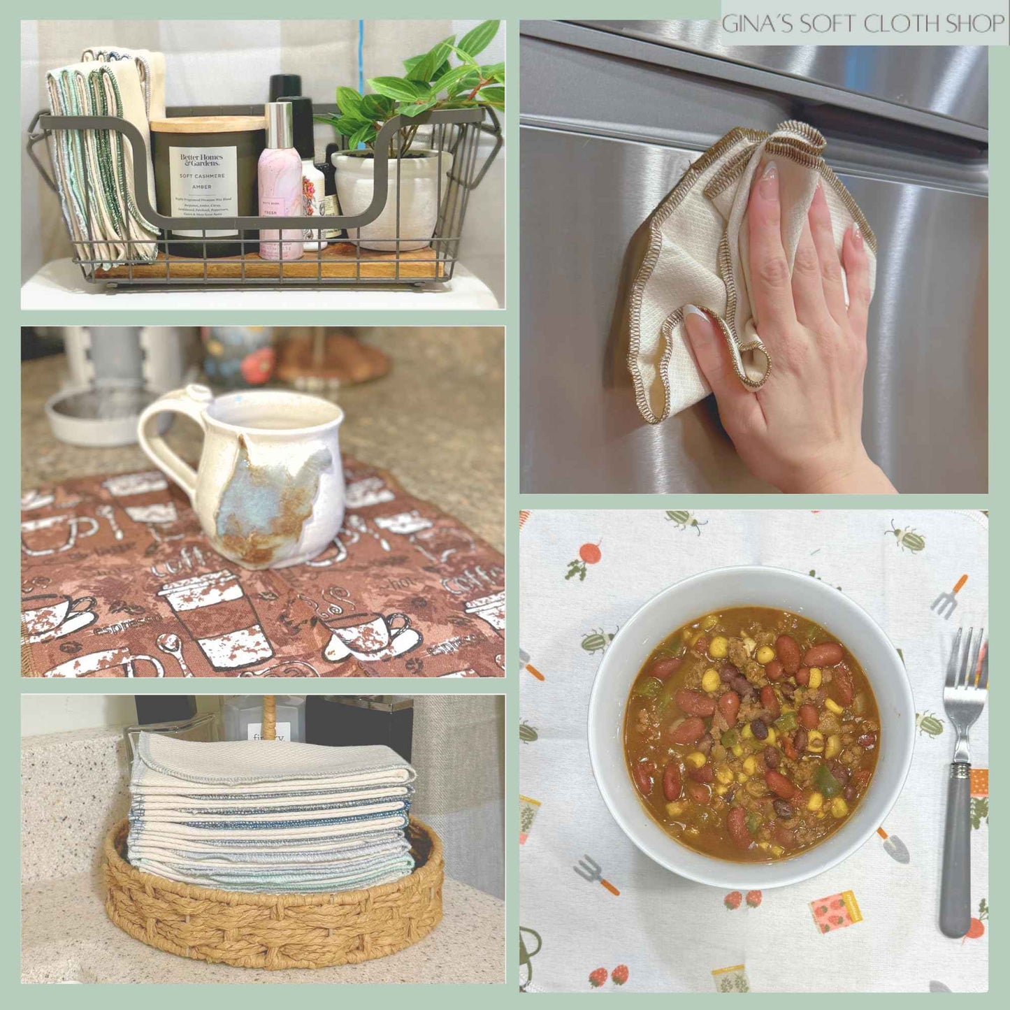 Gina's Soft Cloth Shop 1 Ply Organic Cotton Flannel Washable Baby Wipes 8 x 8 Inches Set of 10 Blues and Greens Handmade in the USA!