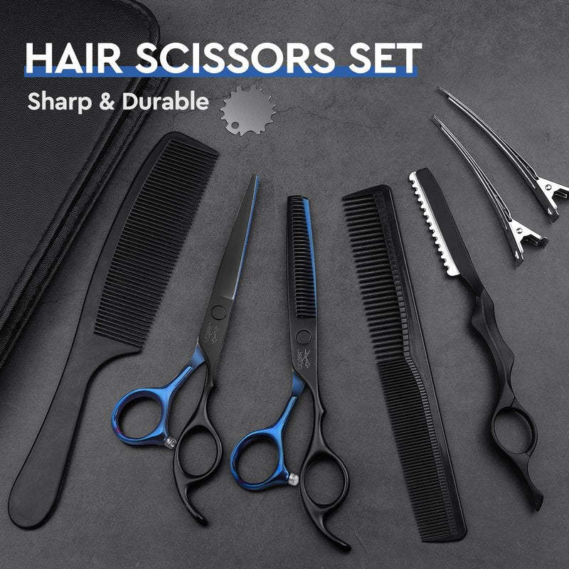 JASON Hair Cutting Scissors Kit - Professional 10 PCS Haircut Scissors Set with Thinning Texturizing Scissors, Straight Shears for Men Women Home Salon Barber 6" Black & Blue