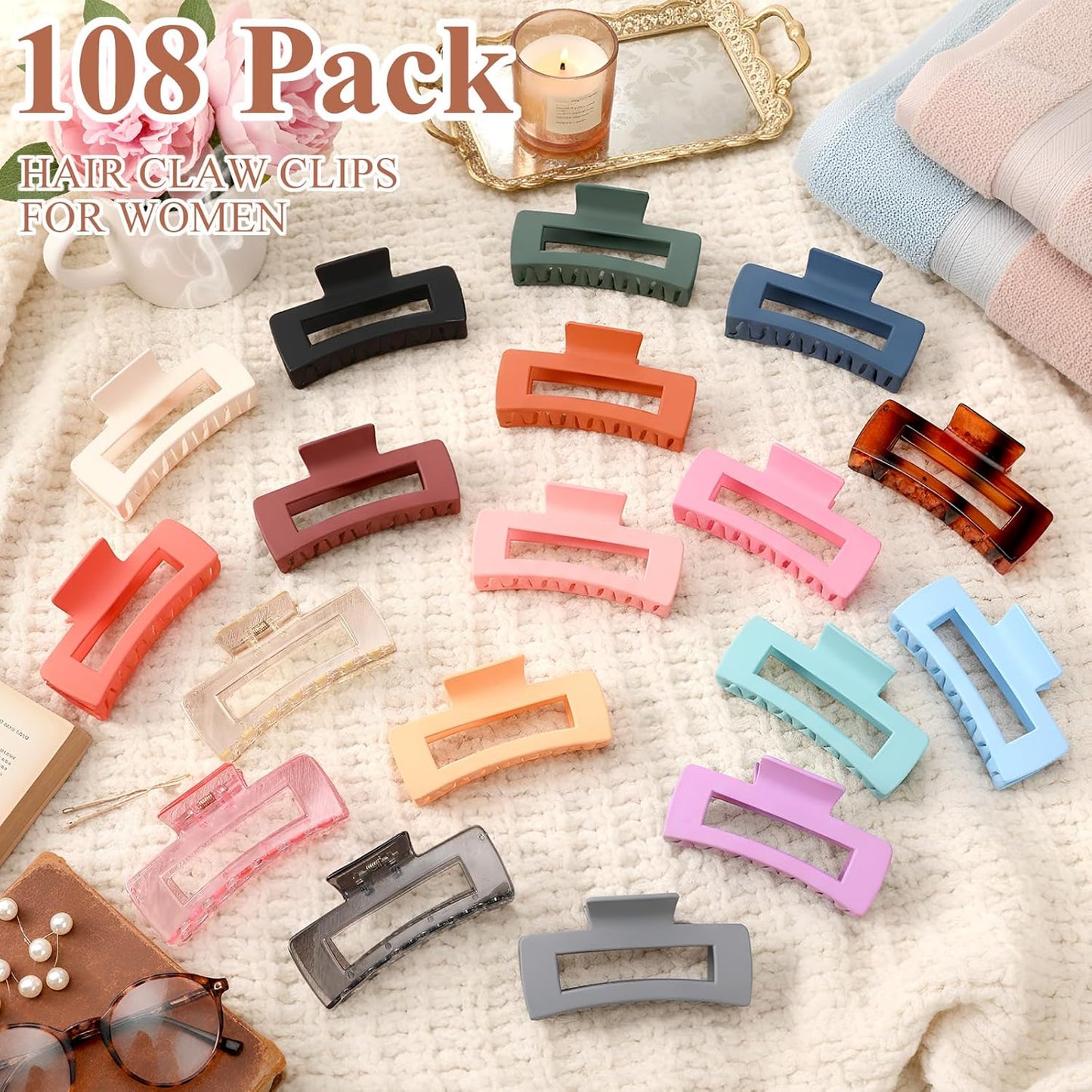 Large Hair Claw Clips - 36 Pcs Matte Rectangular Hair Claws | Strong Hold, Nonslip, 18 Colors
