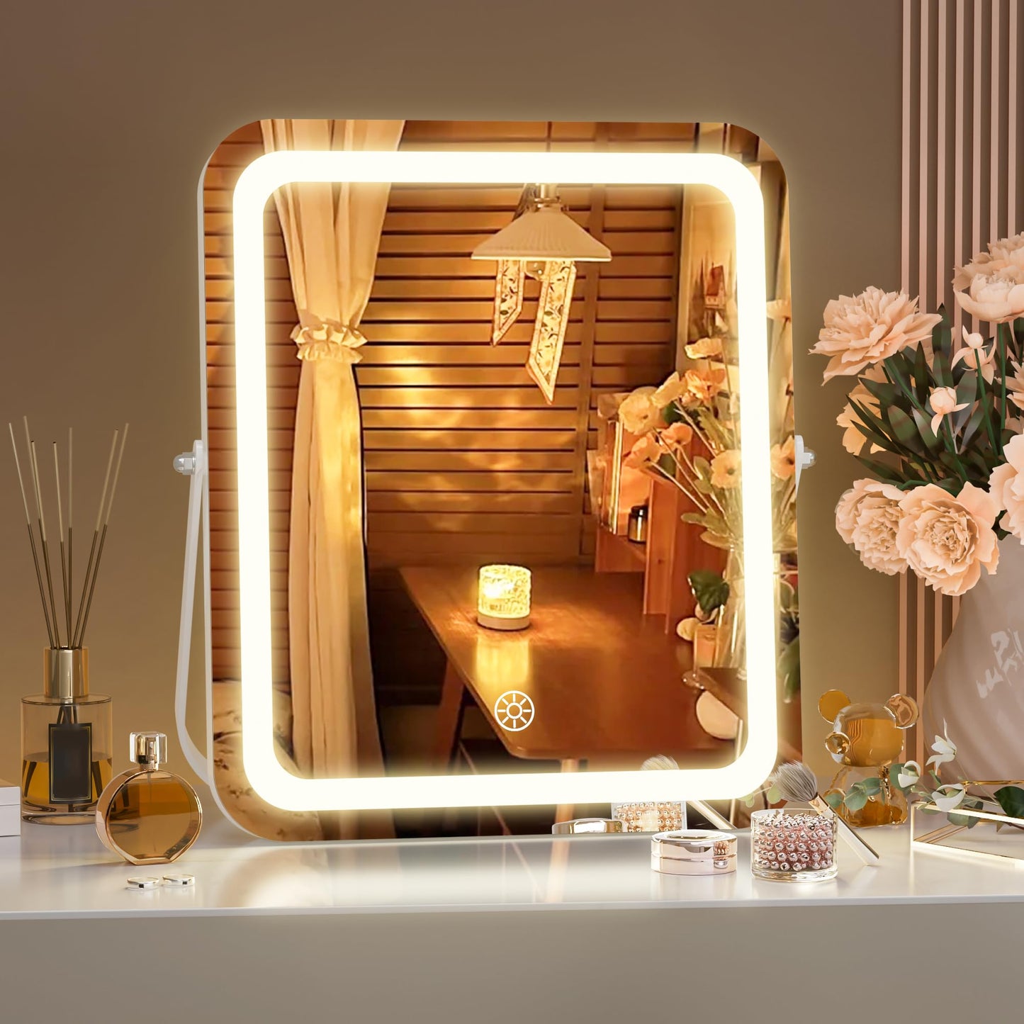 Hasipu Vanity Mirror with Lights, 14" x 11" LED Makeup Mirror, 3 Modes Light, Smart Touch Control Dimmable, 360°Rotation, Rectangle White Frame, with 5X Magnifying Glass