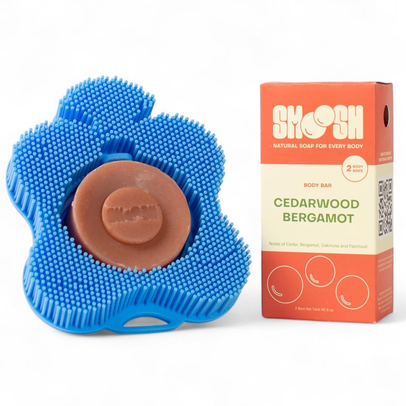 Smoosh® Body Scrubber, Blue & 2-Count Bar Soap, Cedarwood Bergamot - Silicone Body Scrubber with Embedded Bar Soap for Shower Exfoliation and Cleansing