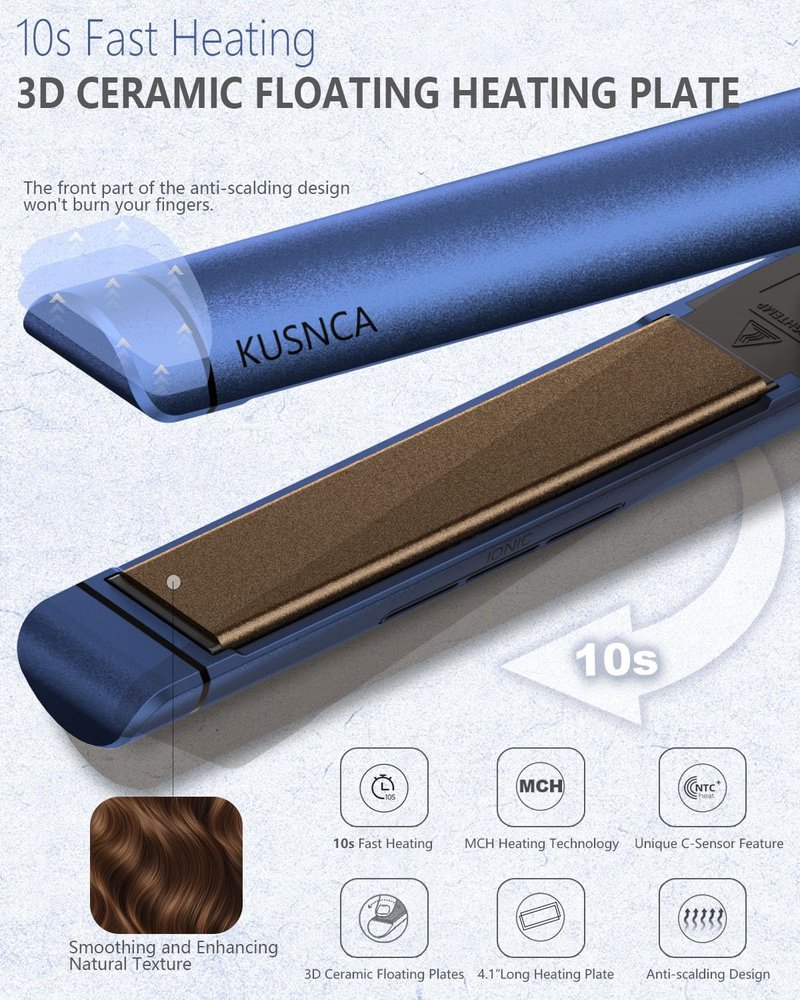 KUSNCA Professional Titanium Flat Iron, Hair Straightener and Curler Iron 2 in 1, Negative Ion Straightening, Dual Voltage Travel Pack, Front Anti-Scald Function, LCD 230°F-450°F, 1 Inch (Blue)