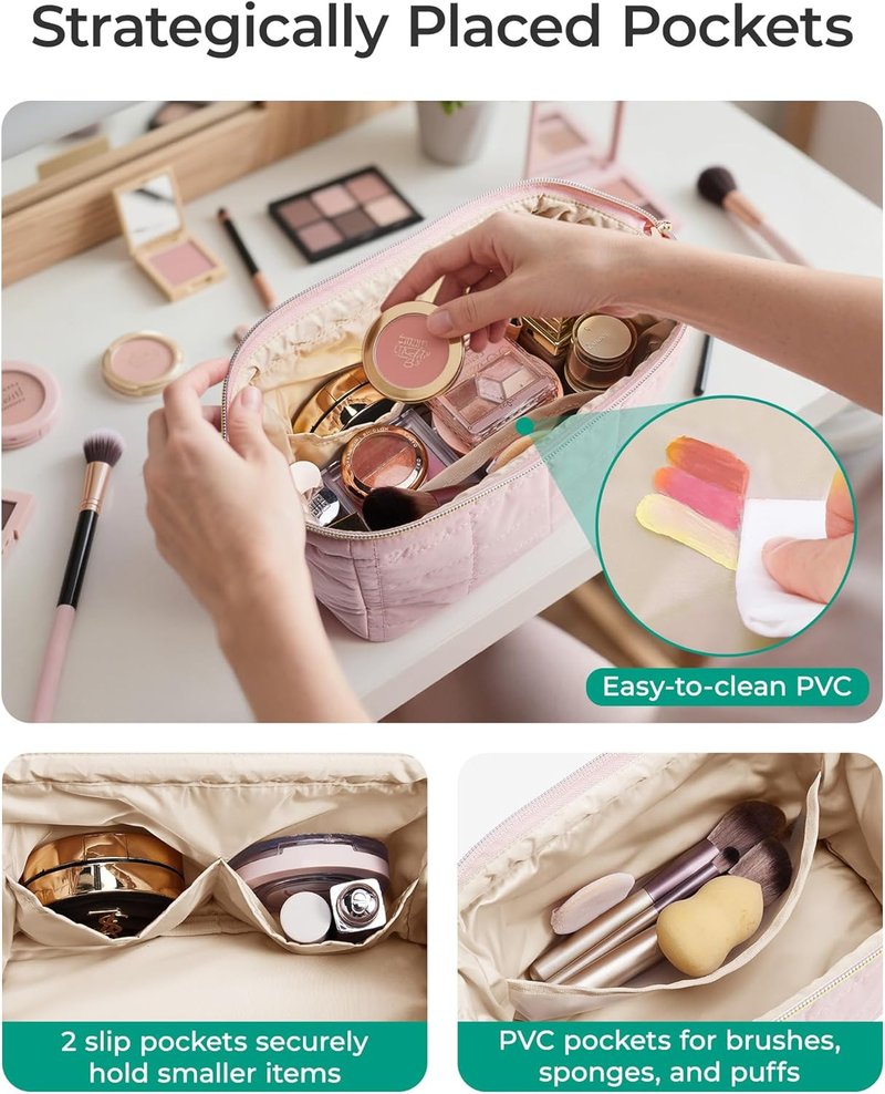 Makeup Bag - Travel Toiletry Organizer for Women | Padded Checkered Khaki Case with Wide-Open Design