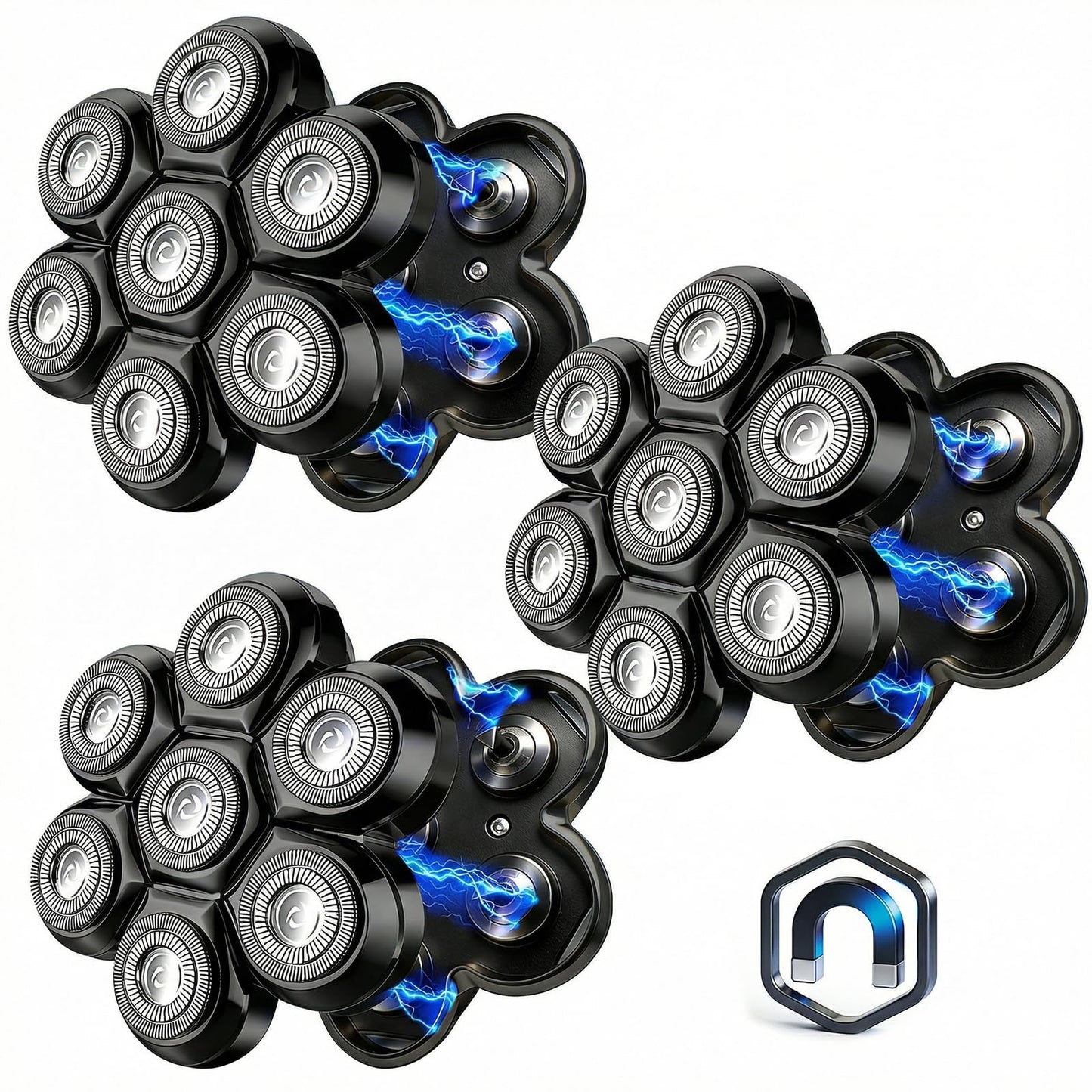 7 Head Magnetic Shaver Head Replacement, Black, 3-Pack