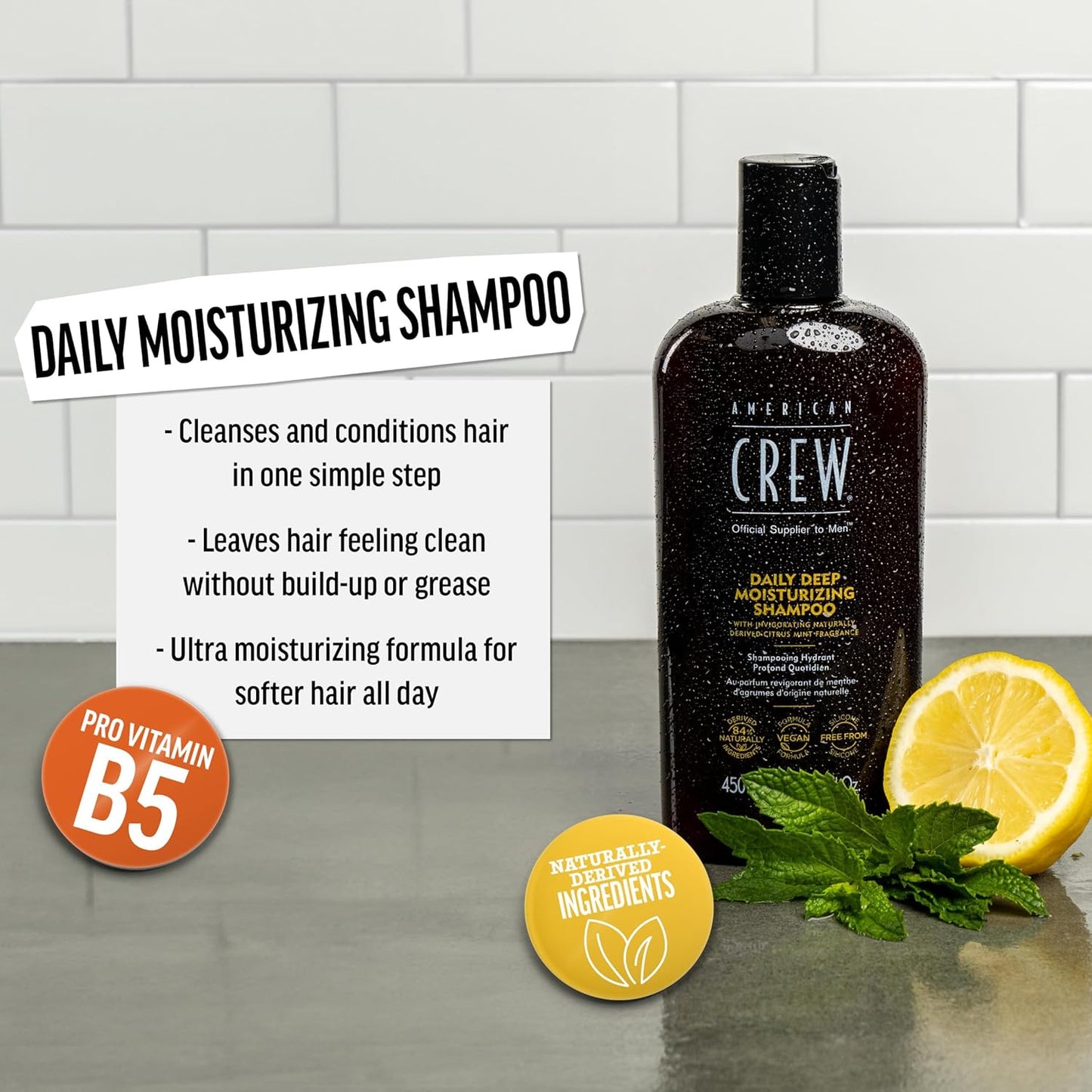 American Crew Shampoo for Men - Daily Deep Moisturizer, Vegan Citrus Mint Formula | 33.8 Fl Oz
