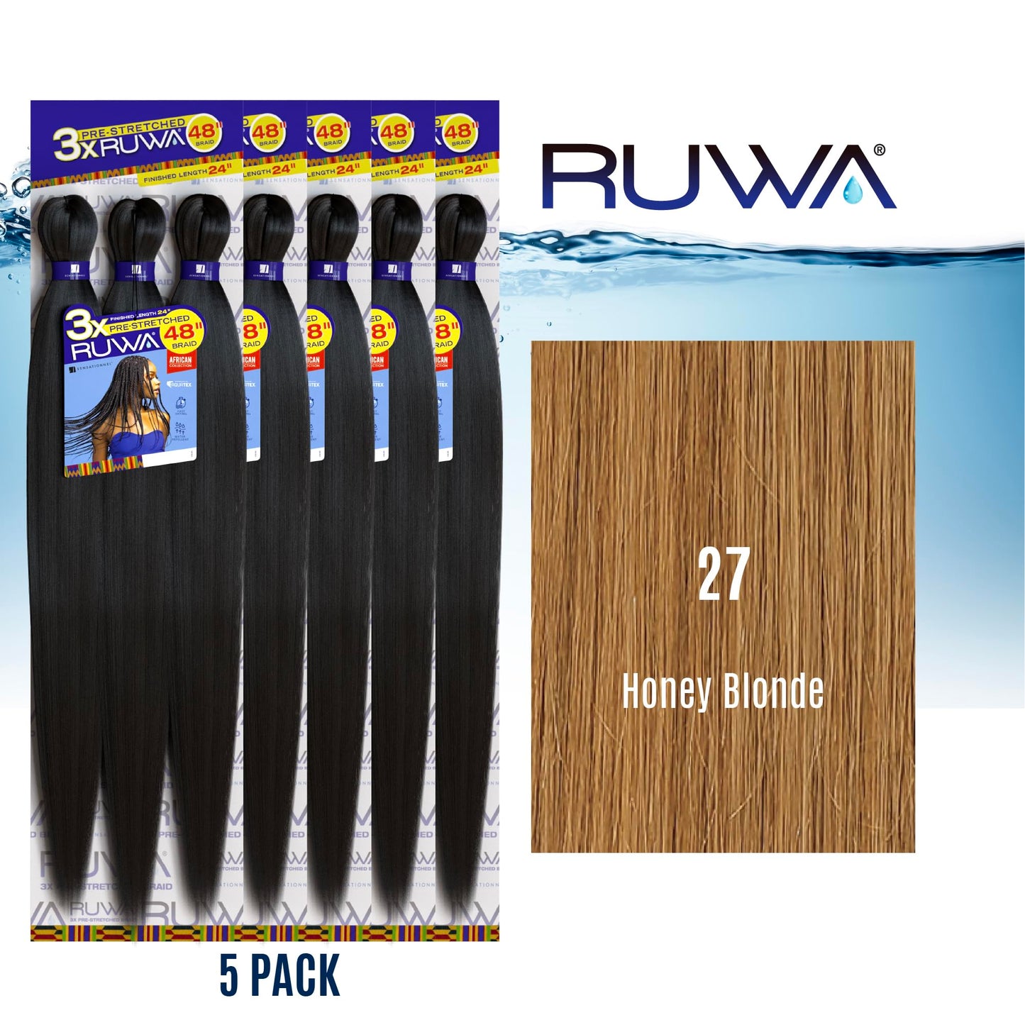 Sensationnel Ruwa prestretched braiding hair - 3x 48 inch water repellent kanekalon fast dry synthetic sports itch free (5 pack, 27 HONEYBLONDE)