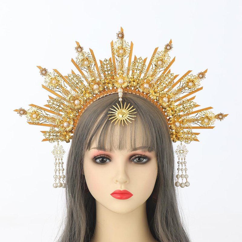 BLESSUME Goddess Gold Spike Halo Crown Headpiece NYLON ZIP TIE Wedding Bride Hair Band Tiara…