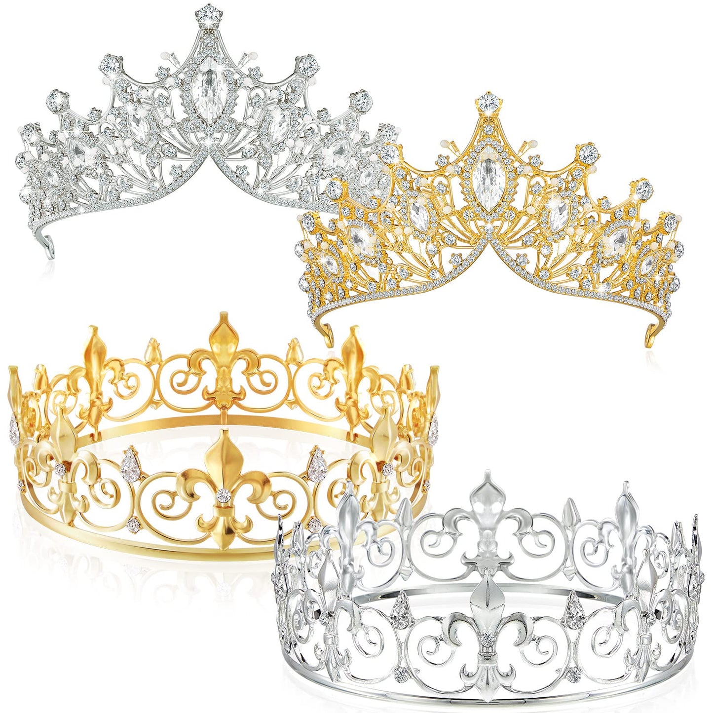 Henoyso 4 Pcs Prom King and Queen Crowns Set Prince Princess Tiara Crystal Headband Crowns for Women Man Graduation Homecoming Wedding Birthday Summer Party(Gold, Silver,Royal Style)