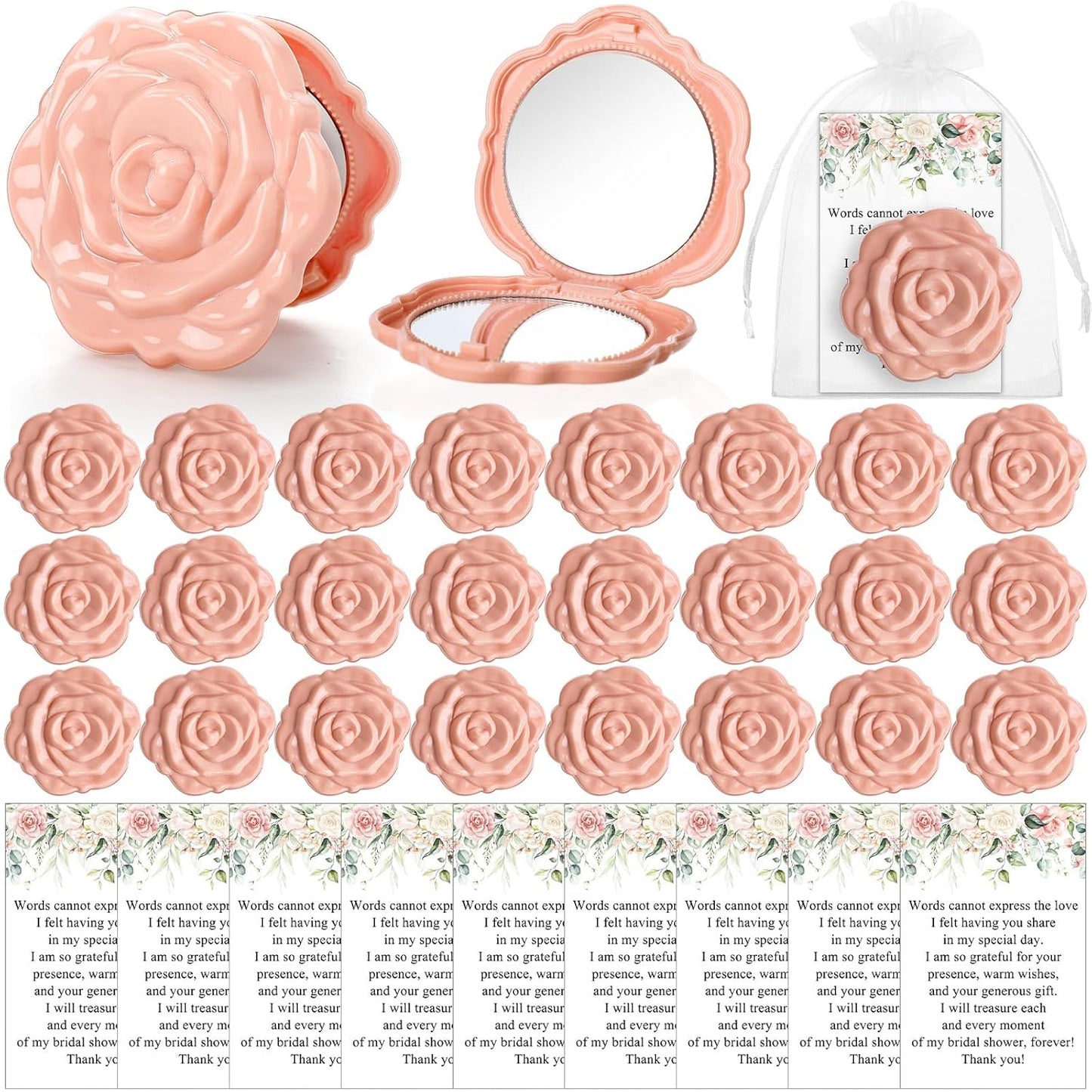 Bridal Shower Party Favors - 30 Sets Rose Compact Mirrors with Thank You Cards & Organza Bags | Pink Champagne