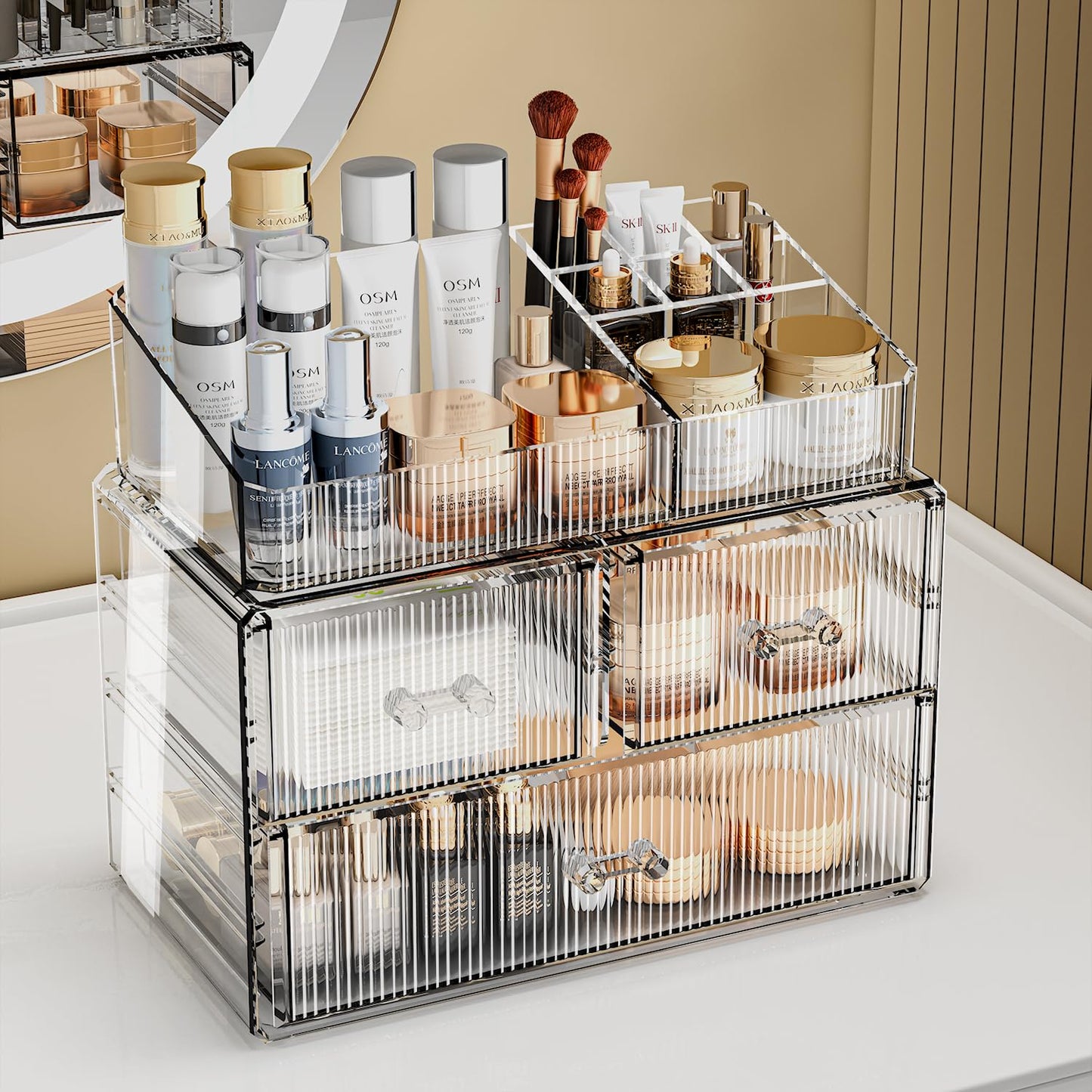 ZHIAI Stackable Storage Drawers, Acrylic Bathroom Counter Organizer Clear Makeup Organizers for Vanity, Kitchen Cabinets, Bathroom, Undersink, Home Organization and Storage (3 Drawers, Pattern A)