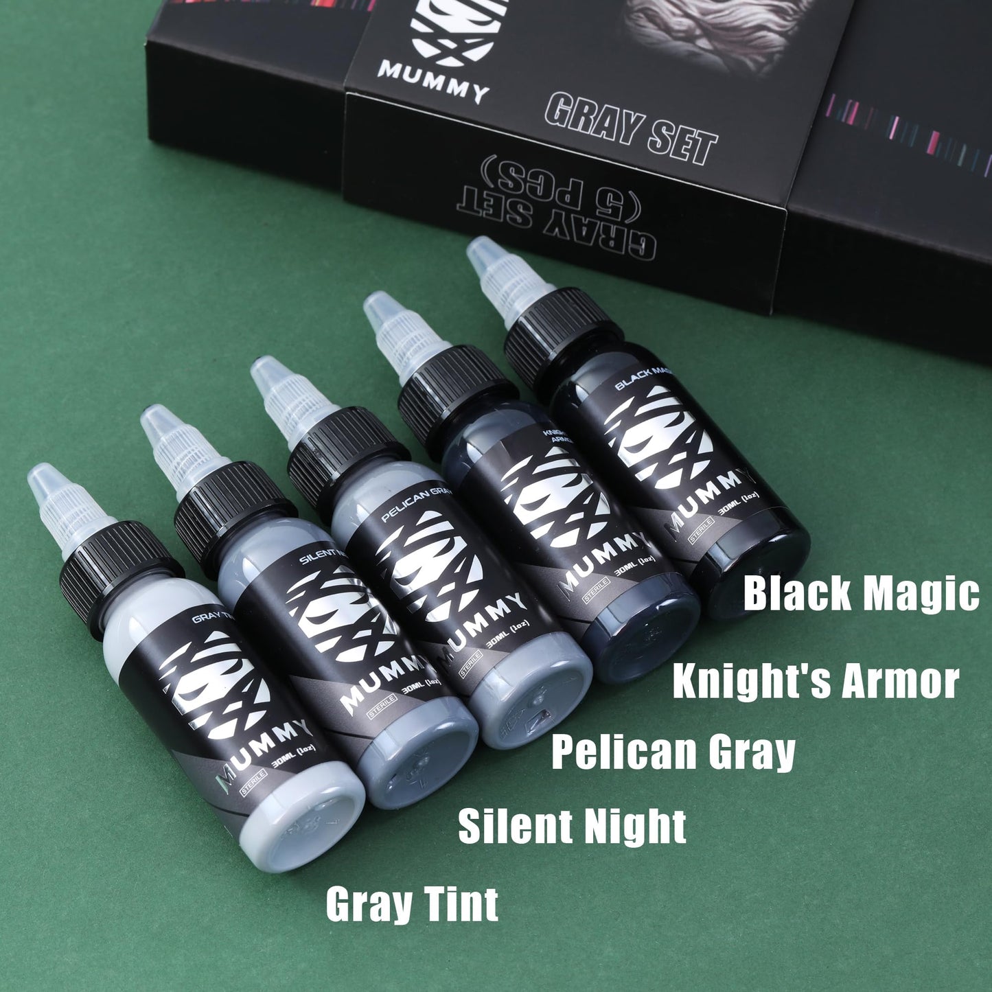 Mummy Grey Series Tattoo Ink Set - 5 Bottles (1 oz Each) Includes: Black Magic, Knight's Armor, Silent Night, Pelican Gray, Gray Tint
