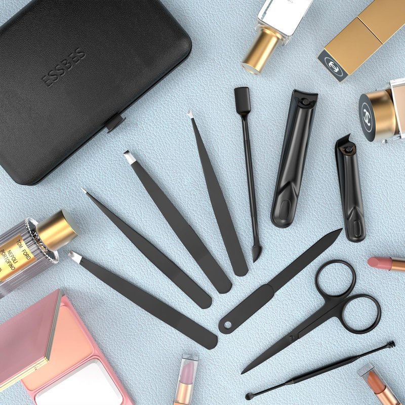 ESSBES Manicure Set 10 in 1 Stainless Steel Nail Clippers Scissors Tweezers Grooming Kit with Travel Case (Black)