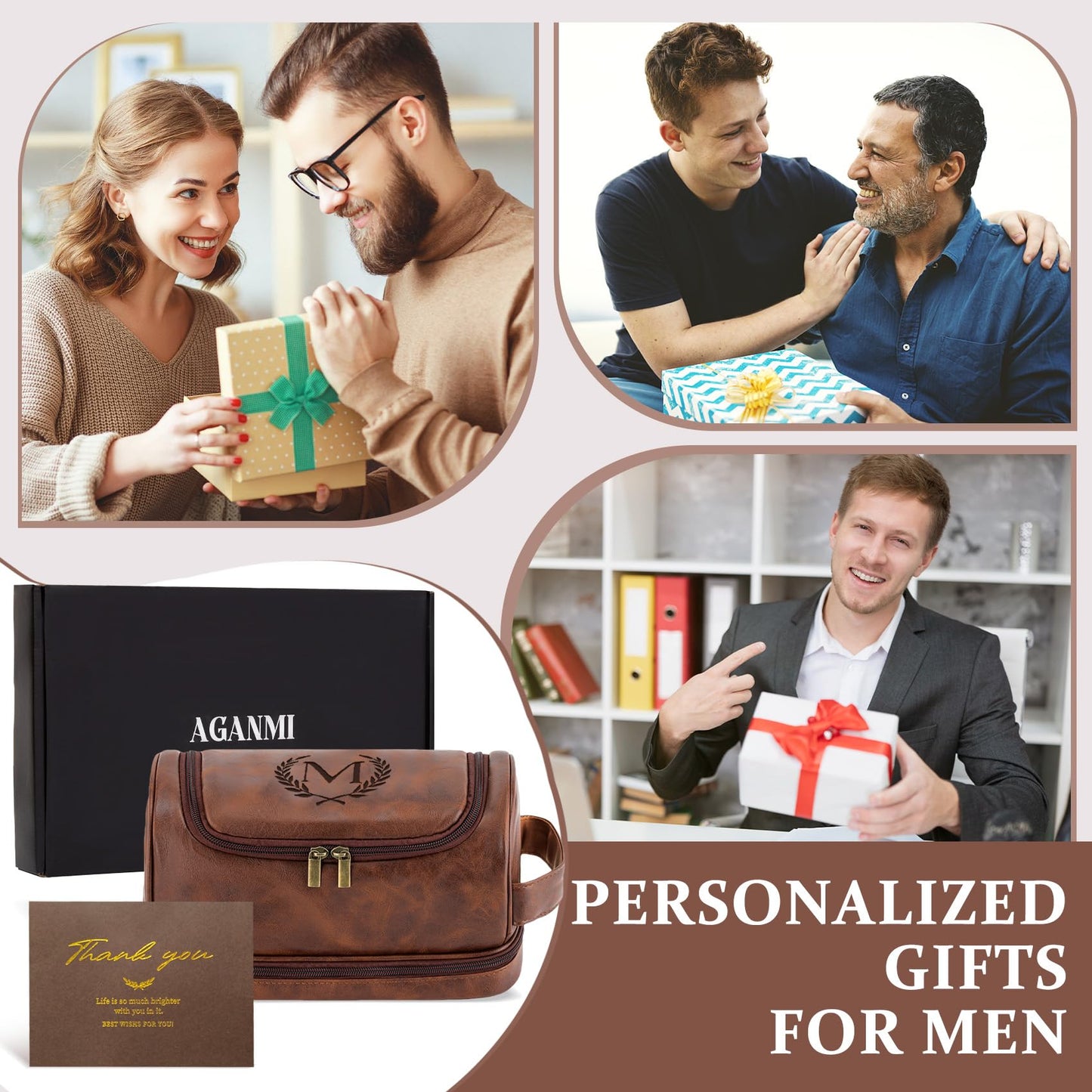 Aganmi Travel Essentials Accessories Initial Letter Hanging Toiletry Bag for Men, Personalized PU Leather Waterproof Travel Size Toiletries Storage Organizer Shaving Bag for Men, Reddish Brown R