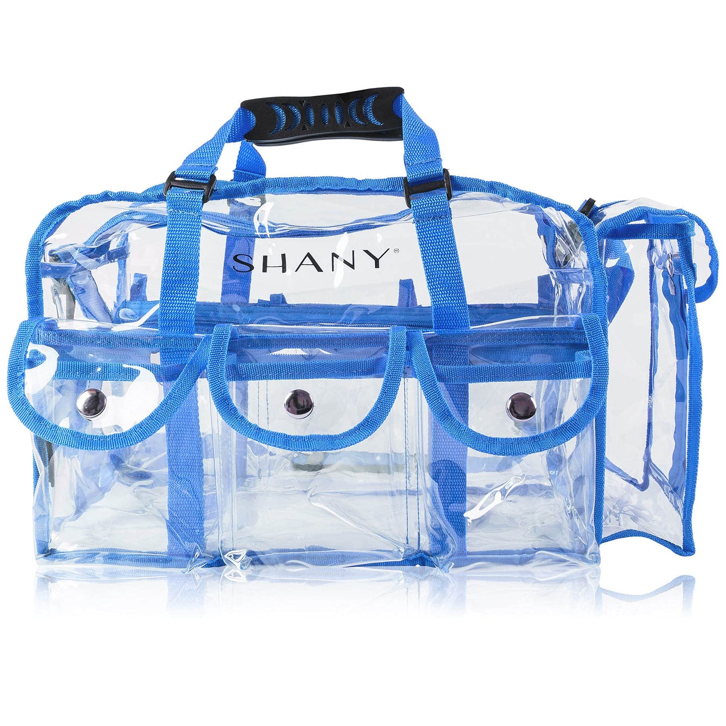 SHANY Cosmetics Shany clear pvc makeup bag - large professional makeup artist rectangular tote with shoulder strap and 5 external pockets - blue, Blue