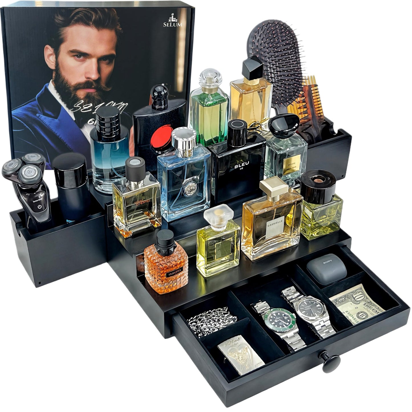 SeLuM Wooden Cologne Organizer for Men 3 Tier | Black Perfume Holder Shelf for Dresser | High Grade Velvet Lining and Stylish Gift Box | Uncluttered Design Perfume Display Stand