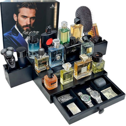 SeLuM Wooden Cologne Organizer for Men 3 Tier | Black Perfume Holder Shelf for Dresser | High Grade Velvet Lining and Stylish Gift Box | Uncluttered Design Perfume Display Stand