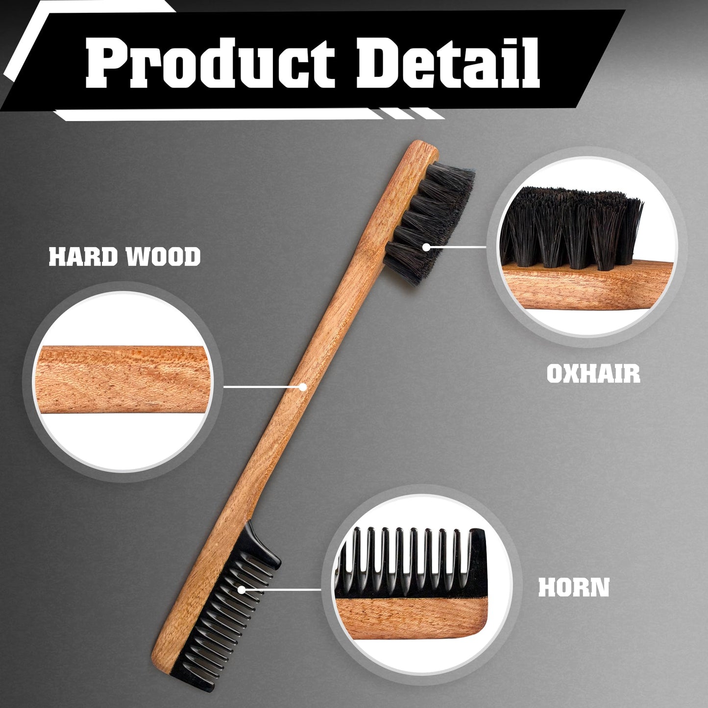 Vtuna 2-in-1 Beard Comb & Brush - Mustache & Beard Comb for Men. Handcrafted from Solid Wood, Buffalo Horn, and Cow Tail Hair. Comes in a Box, Perfect for Gifting.