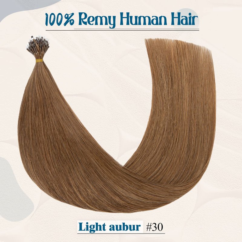16inch Nano Beads Ring Hair Extensions Human Hair Light Auburn Pre Bonded I Tip Keratin Cold Fusion Stick Tipped Hairpiece Iron Loop Link Straight Micro Bead Remy Hair for Women #30 50g 50strands